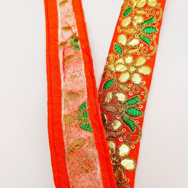 Orange Fabric Trim In Green & Gold Floral Embroidery, Gota Patti Trim, Indian Flower Border